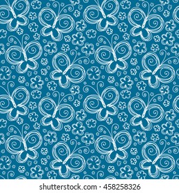 Vector seamless pattern with flowers and butterflies of doodles. Floral background in hand drawn childish style. Ornamental decorative illustration for print, web