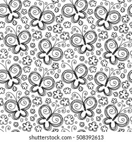 Vector seamless pattern with flowers and butterflies of doodles. Floral background in hand drawn childish style. Ornamental decorative illustration for print, web