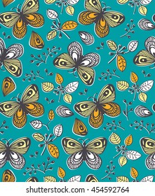 Vector seamless pattern with flowers, butterfly and berries on the blue  background , cartoon illustration.