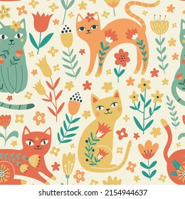 Vector seamless pattern with  flowers and cats. Cute Flower Cats in cartoon style. Botanical fabric design. Hand drawn design for textiles, clothing, bed linen, office supplies.