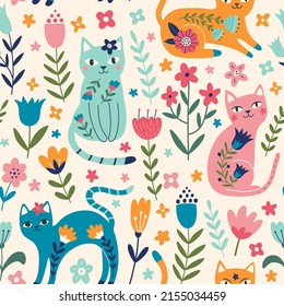 Vector seamless pattern with  flowers and cats. Cute Flower Cats in cartoon style. Botanical fabric design. Hand drawn design for textiles, clothing, bed linen, office supplies.