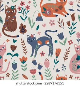 Vector seamless pattern with  flowers and cats. Cute Flower Cats in cartoon style. Botanical fabric design. Hand drawn design for textiles, clothing, bed linen, office supplies.