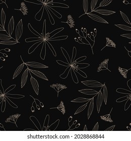 Vector seamless pattern of flowers clematis and tree branches. Contour image. Hand-drawn. Design of posters, postcards, invitations, design of weddings, holidays, decor.