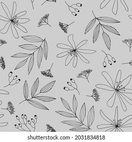 Vector seamless pattern of flowers clematis and tree branches. Contour image. Hand-drawn. Design of posters, postcards, invitations, design of weddings, holidays, decor.
