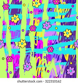 Vector seamless pattern with flowers. Colored lines.