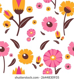 vector seamless pattern of flowers with a combination of pink and orange colors on a white background
