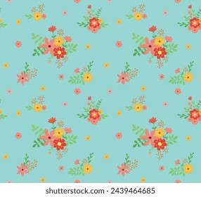 Vector seamless pattern with flowers compositions and leaves. Cute summer background in flat style