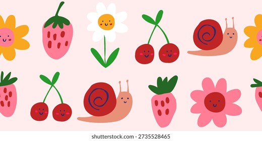 vector seamless pattern with flowers, crabs, cherries, strawberries in warm colors, chidlrens nursery pattern