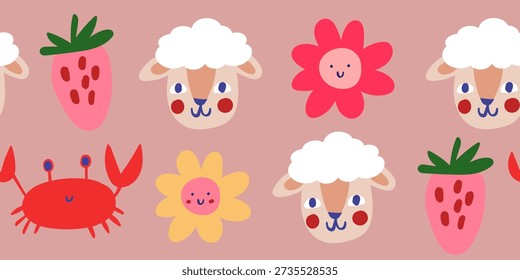 vector seamless pattern with flowers, crabs, cherries, strawberries in warm colors, chidlrens nursery pattern