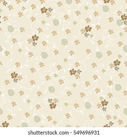 Vector seamless pattern of flowers and curls on beige background. For textile or book covers, manufacturing, wallpapers, print, gift wrap and scrapbooking