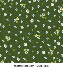 Vector seamless pattern of flowers and curls on dark green background. For textile or book covers, manufacturing, wallpapers, print, gift wrap and scrapbooking