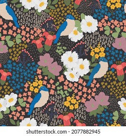 Vector seamless pattern of flowers and cute blue bird on a dark background. Vintage. Decorative background for paper, wallpaper, textile