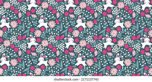 vector seamless pattern with flowers and cute bunnies for fabric, wallpaper, wrapping paper, scrapbooking paper