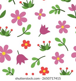 Vector seamless pattern with flowers. Cute garden repeat background. Gnome, dwarf or fairy floral digital paper. Magic plant abstract texture with pink blooms and leaves

