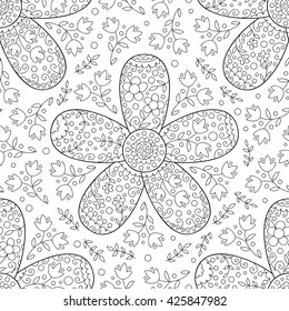 Vector seamless pattern with flowers . Cute doodle black and white flower background.