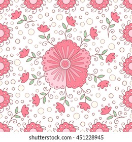Vector seamless pattern with flowers . Cute doodle colorful flower background.