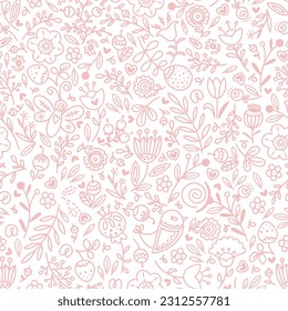Vector seamless pattern with flowers in doodle style. Hand drawn vector illustration. Abstract plants, bird and butterfly. Doodle design with floral elements for girls. Wrapping paper for Mothers day.