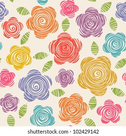 Vector seamless pattern with flowers of doodles made using stencil. Floral colorful background in hand draw childish style. Abstract summery simple illustration