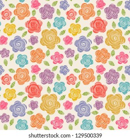 Vector seamless pattern with flowers of doodles made using stencil. Cute floral colorful background in hand draw childish style. Abstract summery simple illustration. Ornamental texture for print, web