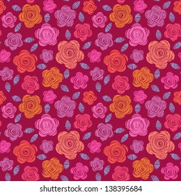Vector seamless pattern with flowers of doodles made using stencil. Bright floral decorative background in hand draw childish style. Cute summery simple ornamental illustration in tints of red, pink