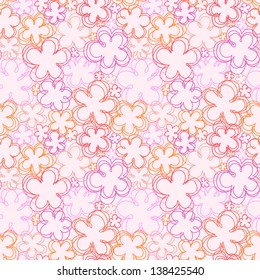 Vector seamless pattern with flowers of doodles. Simple romantic pink floral background in hand drawn childish sketch style. Abstract ornamental cute decorative  summery illustration for print, web