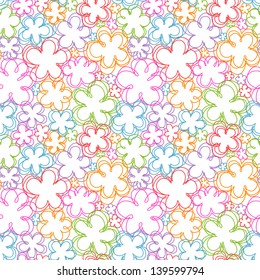 Vector seamless pattern with flowers of doodles. Simple romantic color floral background in hand drawn childish sketch style. Abstract ornamental cute decorative summery illustration for print, web