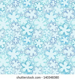 Vector seamless pattern with flowers of doodles. Simple romantic blue floral background in hand drawn childish sketch style. Abstract ornamental cute decorative summery illustration for print, web