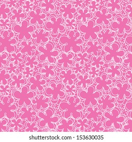 Vector seamless pattern with flowers of doodles. Simple romantic pink floral background in hand drawn childish sketch style. Abstract ornamental cute decorative summery illustration for print, web 