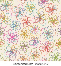 Vector seamless pattern with flowers of doodles. Floral background in hand drawn childish style. Ornamental decorative illustration for print, web