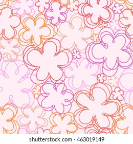 Vector seamless pattern with flowers of doodles. Pink background in hand drawn childish style. Ornamental decorative illustration for print, web