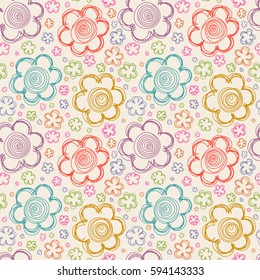 Vector seamless pattern with flowers of doodles. Floral background in hand drawn childish style. Ornamental decorative color illustration for print, web
