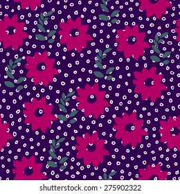 Vector seamless pattern with flowers and dots on dark blue background in retro style. Seamless pattern can be used for textile, wallpaper, wrapping paper, web. Endless texture