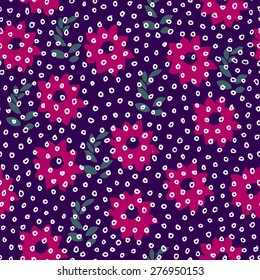 Vector seamless pattern with flowers and dots on dark blue background in retro style. Seamless pattern can be used for textile, wallpaper, wrapping paper, web. Endless texture