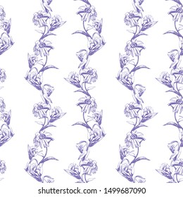 Vector seamless pattern of flowers drawn with ink and pen.