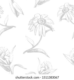 Vector seamless pattern of flowers drawn with ink and pen.
