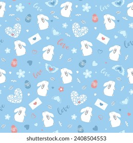 Vector seamless pattern with flowers, eggs, rabbits and hearts for Easter.