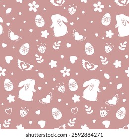 Vector seamless pattern with flowers, eggs, rabbits and hearts for Easter.