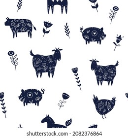 Vector seamless pattern with flowers and farm animals horse, goat and chicken in Scandinavian style