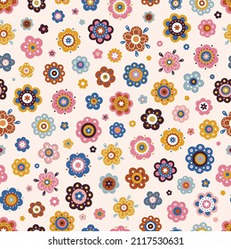 Vector seamless pattern with flowers in flat style. Floral background for kids in retro colors. Color elements on beige background.