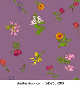 vector seamless pattern with with flowers, floral background, hand drawn art illustration
