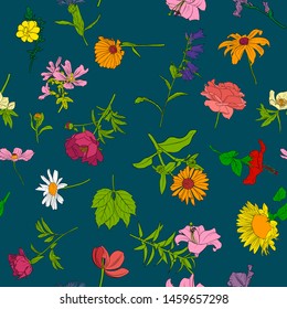 vector seamless pattern with with flowers, floral background, hand drawn art illustration