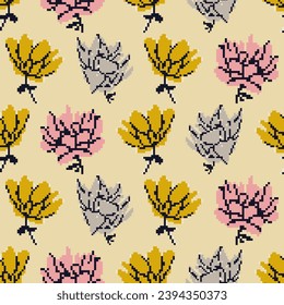 Vector seamless pattern with flowers. Floral background, design. Pixel art. 