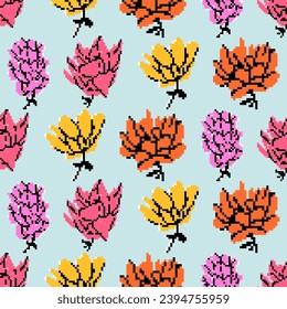 Vector seamless pattern with flowers. Floral background, design. Pixel art. 