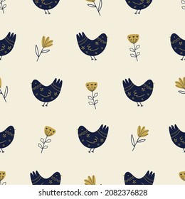 Vector seamless pattern with flowers, folk birds in Scandinavian style