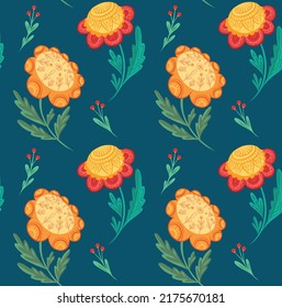 Vector seamless pattern with flowers with folk art on a blue background. Naive traditional floral texture. Natural background with poppy and berries for fabrics and wallpapers.