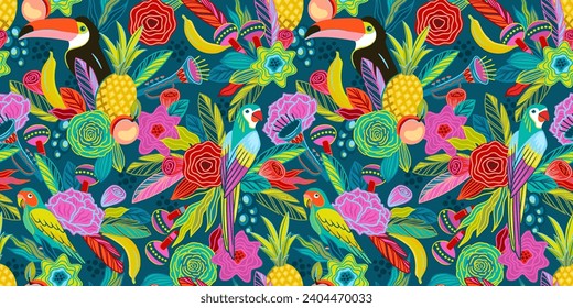 Vector seamless pattern with flowers, fruits, birds, musical instruments. Brazil carnival. Design templates for carnival concept and other use