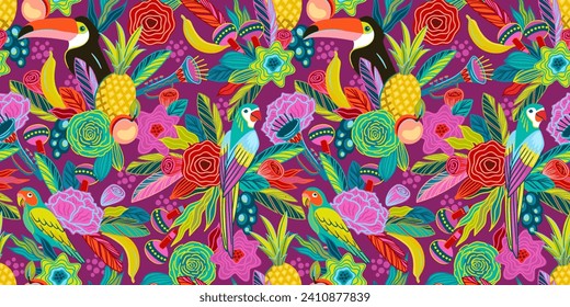 Patrón vectorial sin fisuras con flores, frutas, pájaros, instrumentos musicales. Carnaval de Brasil. Plantillas de diseño para el concepto de carnaval y otros usos