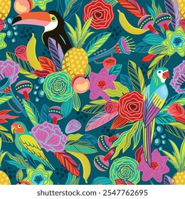 Vector seamless pattern with flowers, fruits, birds, musical instruments. Brazil carnival. Design templates for carnival concept and other use
