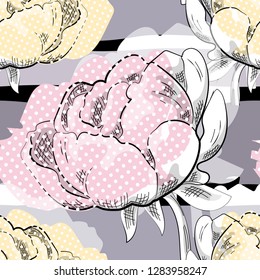 Vector seamless pattern with flowers and geometric shapes. Abstract pattern with peonies. 12