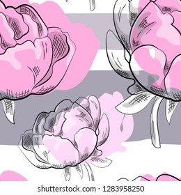 Vector seamless pattern with flowers and geometric shapes. Abstract pattern with peonies. 7